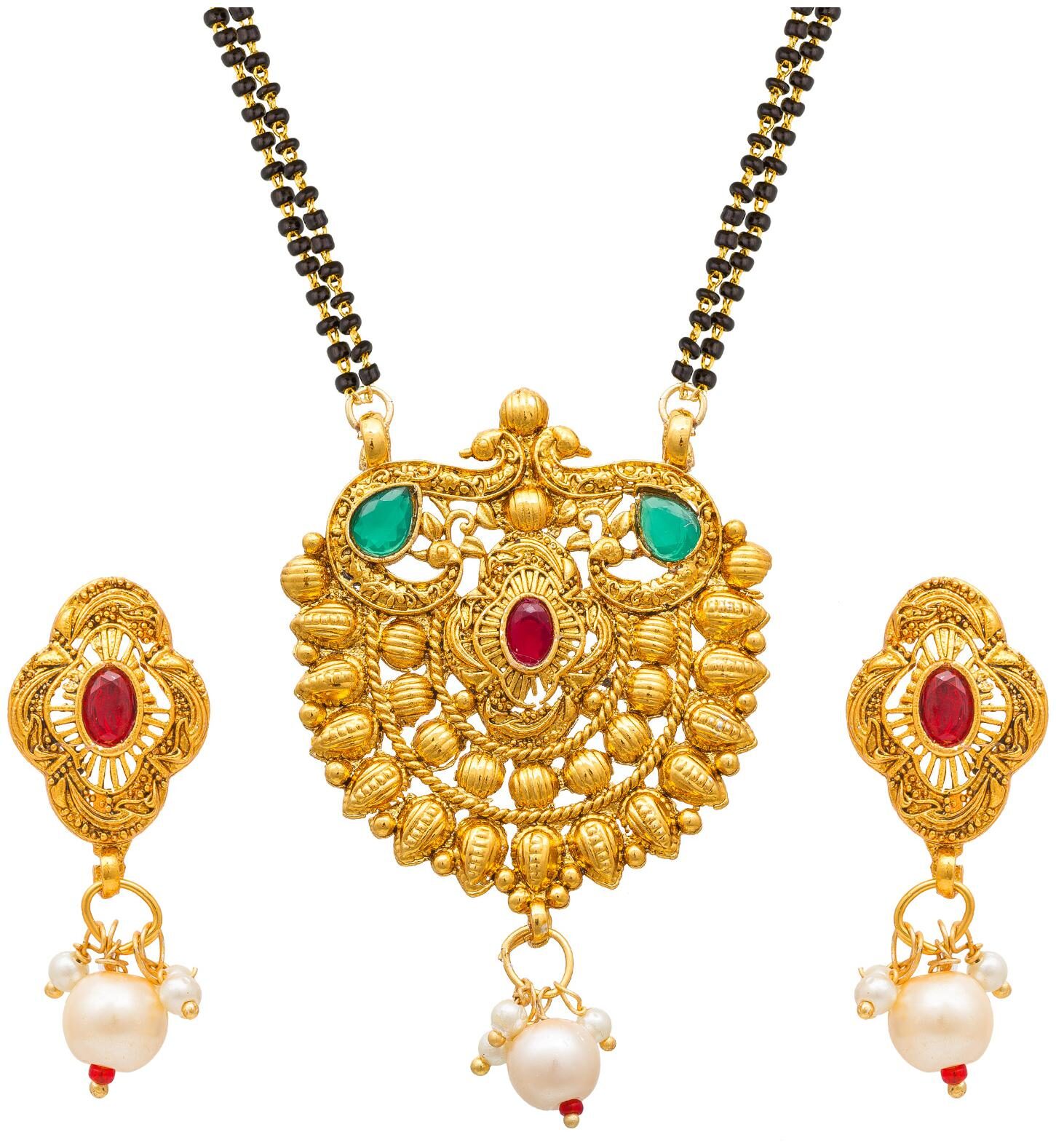 

Vermont Latest Design Traditional Black Bead Gold Plated American Diamond Pearl Mangalsutra for Women with Earrings