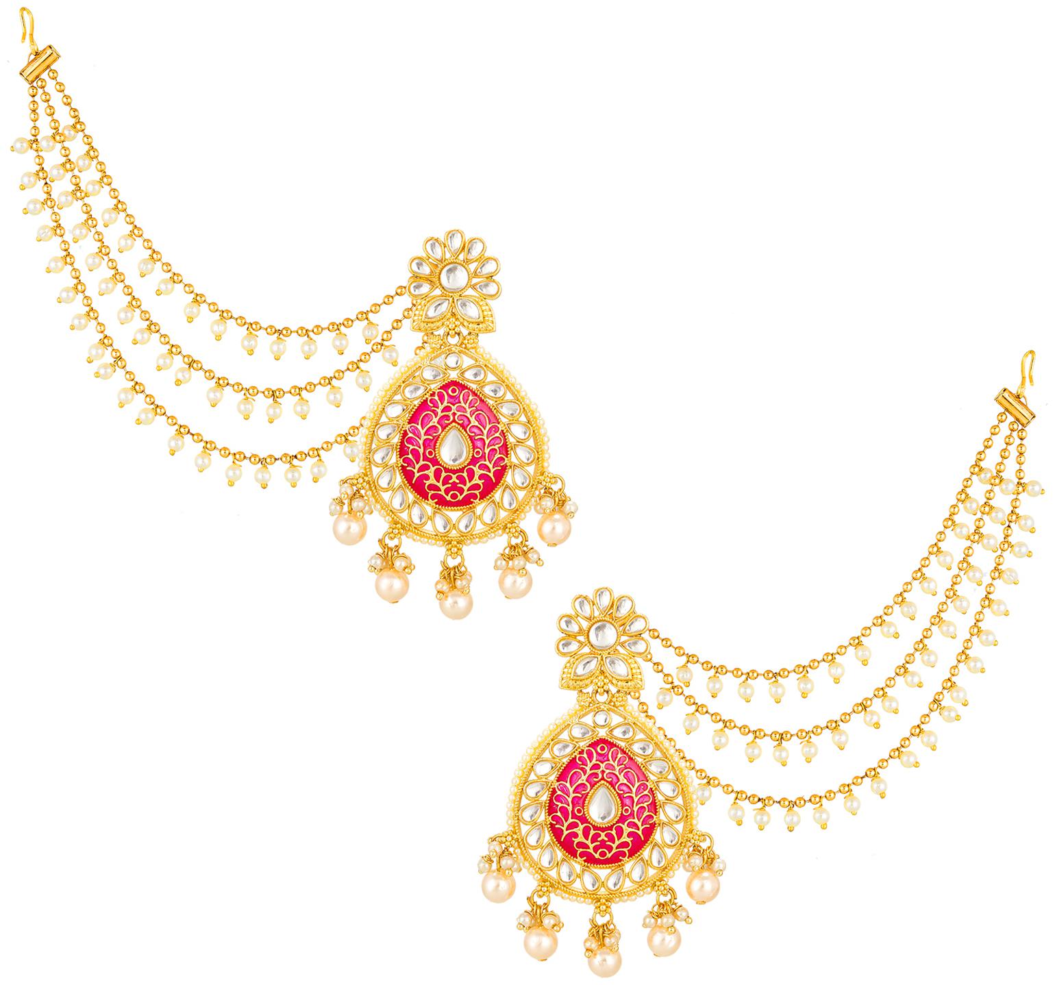 

Vermont Pearl Studded Gold Plated Baahubali Hair Chain Jhumki Earrings for Women