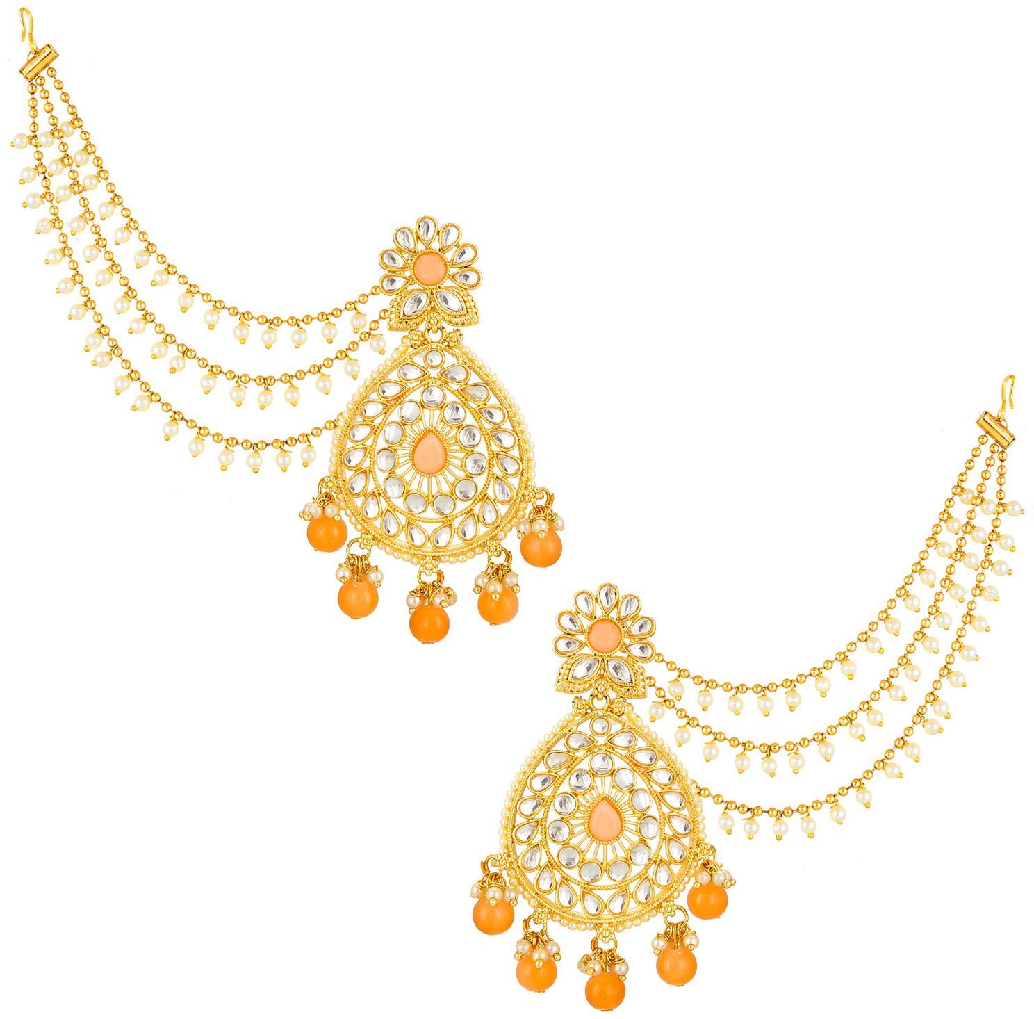 

Vermont Pearl Studded Trendy Designer Gold Plated Baahubali Hair Chain Jhumki Earrings for Women