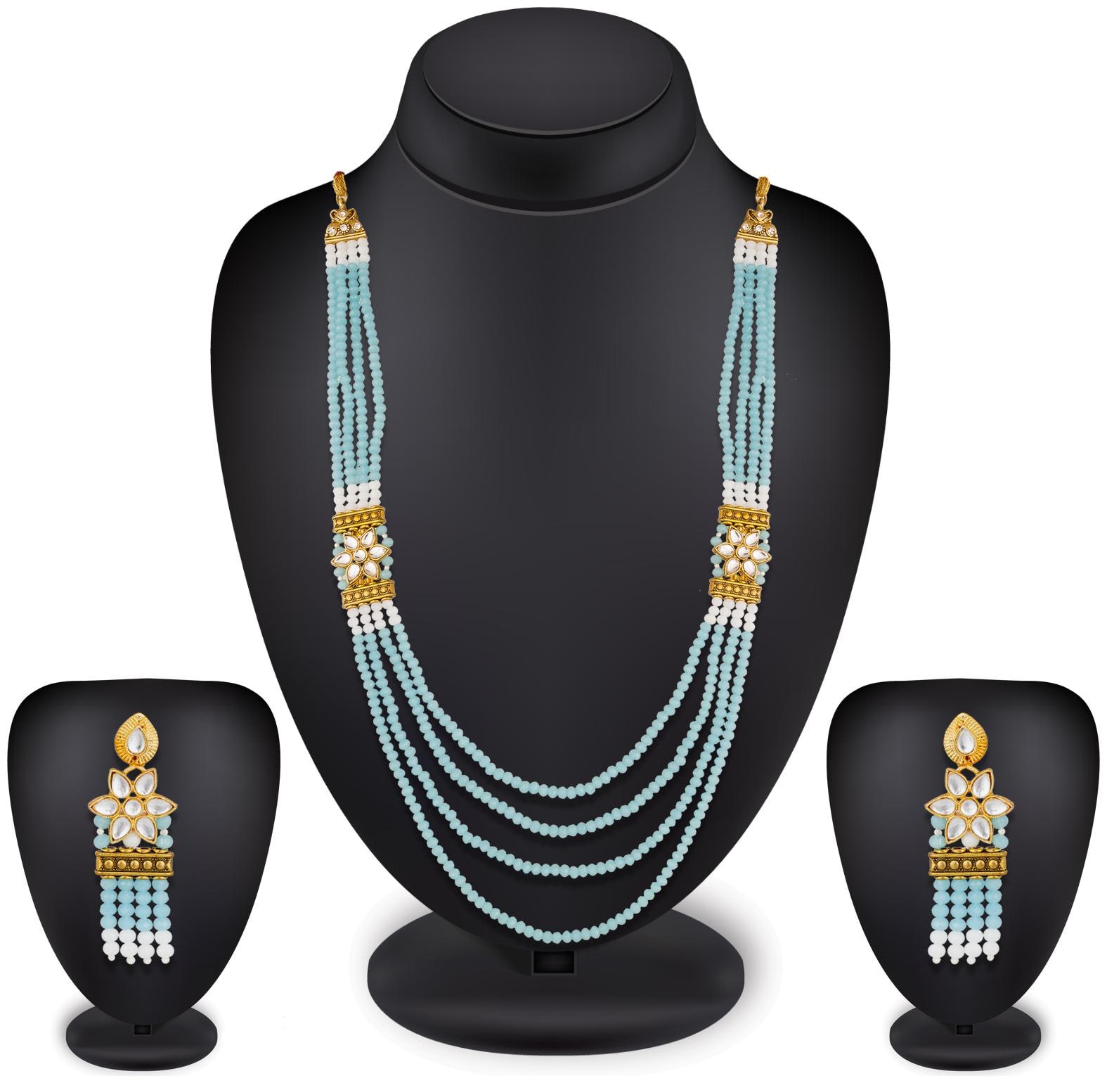 

Vermont Sky Blue Pearl Long Necklace Set for Women Girls