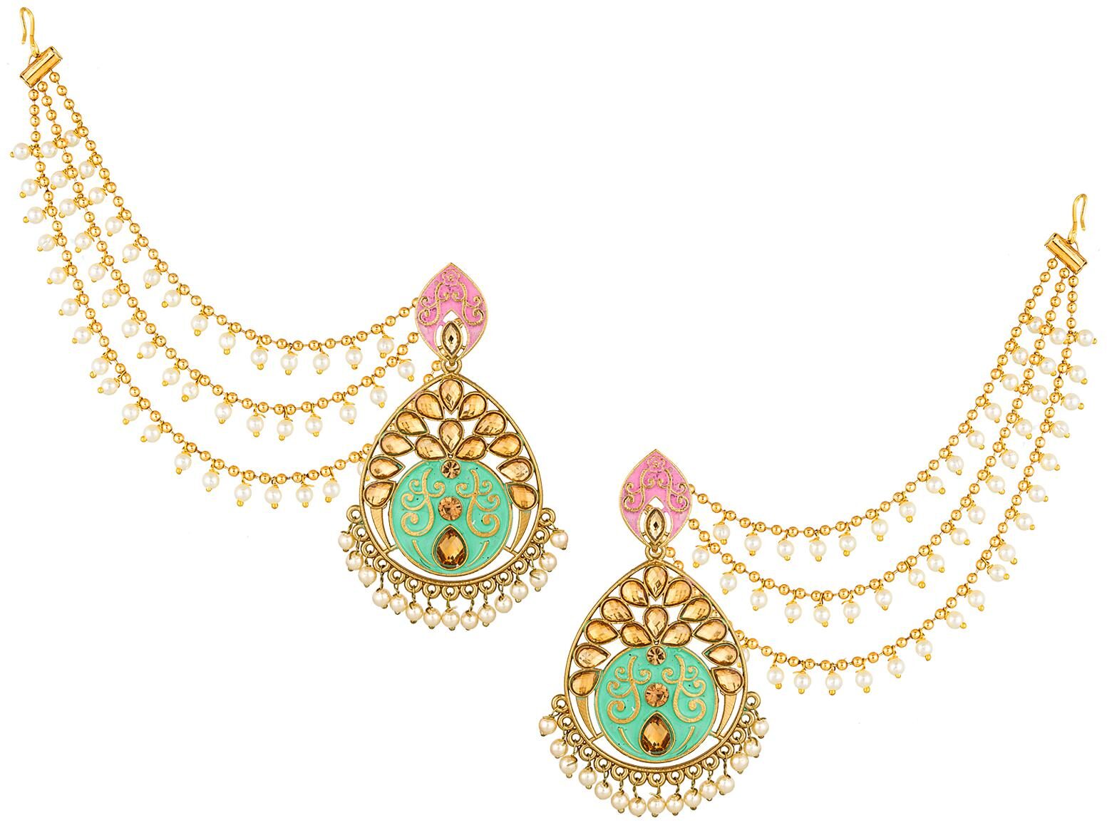 

Vermont Traditional Gold Plated Stylish Meenakari Long Hair Chain Baahubali Earrings for Women