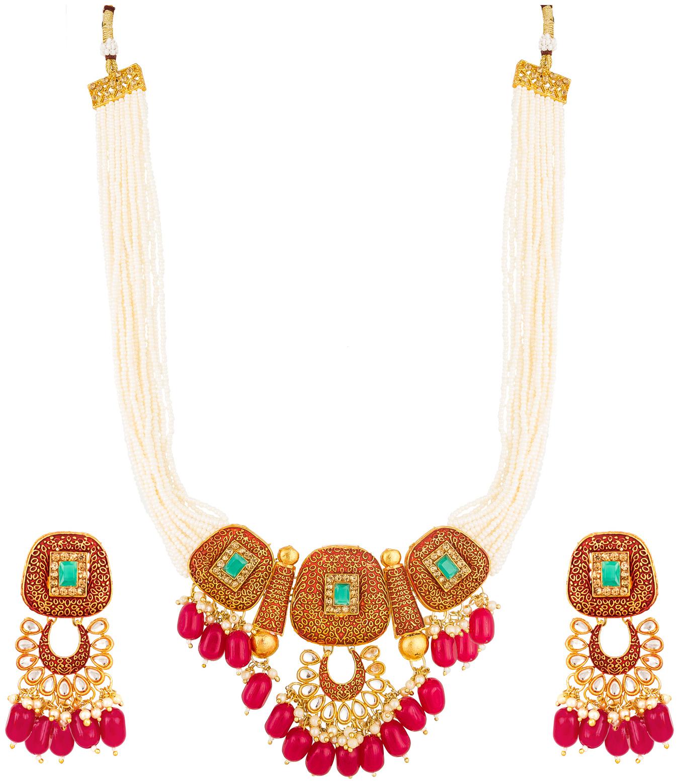

Vermont Traditional Gold Plated And American Diamond Pearl Stylish Bridal Set For Women Girls (Golden)