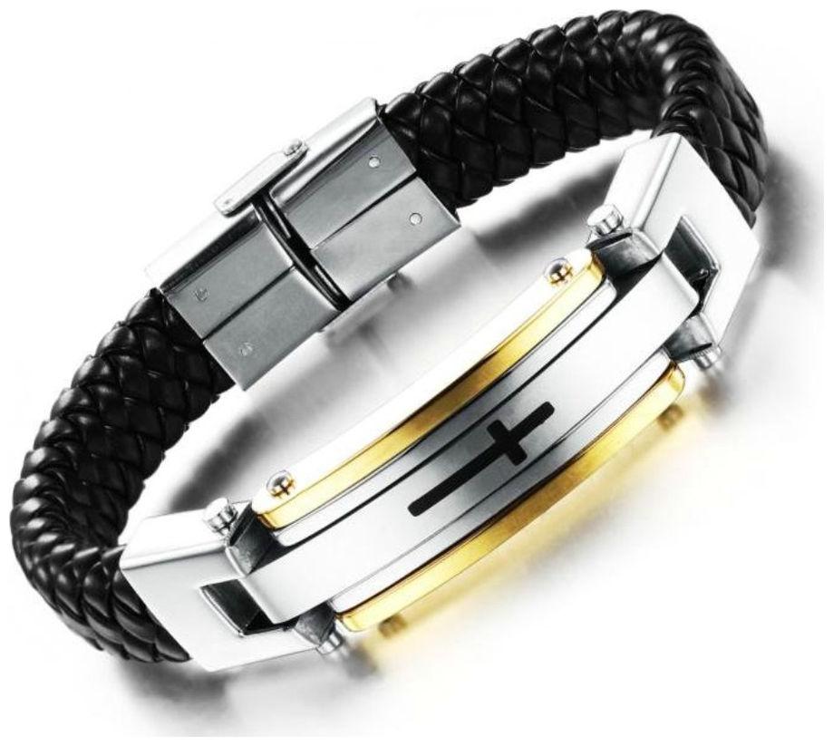 

Very stylish woven solid black leather with God symbol of Cross Leather Bracelet H17