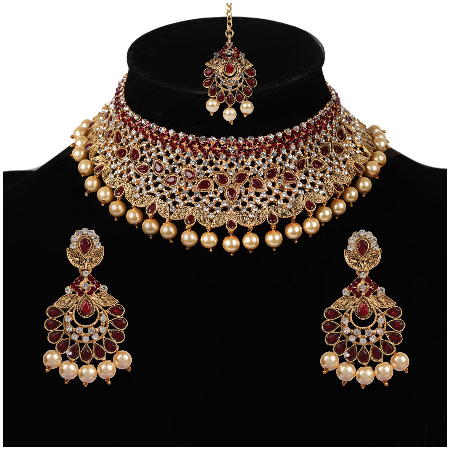 

Vfi-Adns-140375-Gold -Plated Maroon Choker Necklace Set For Women