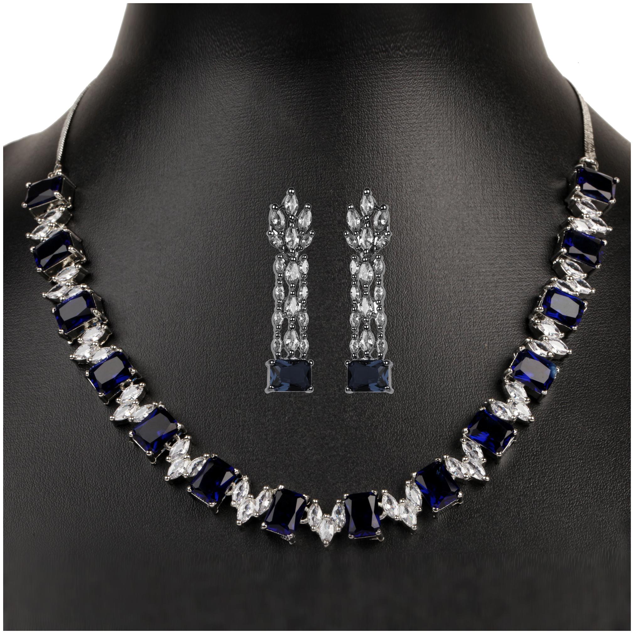 

Vfi American Diamond Precious Fancy Party Wear Necklace Set With Earrings -60550 Ad Blue N Silver