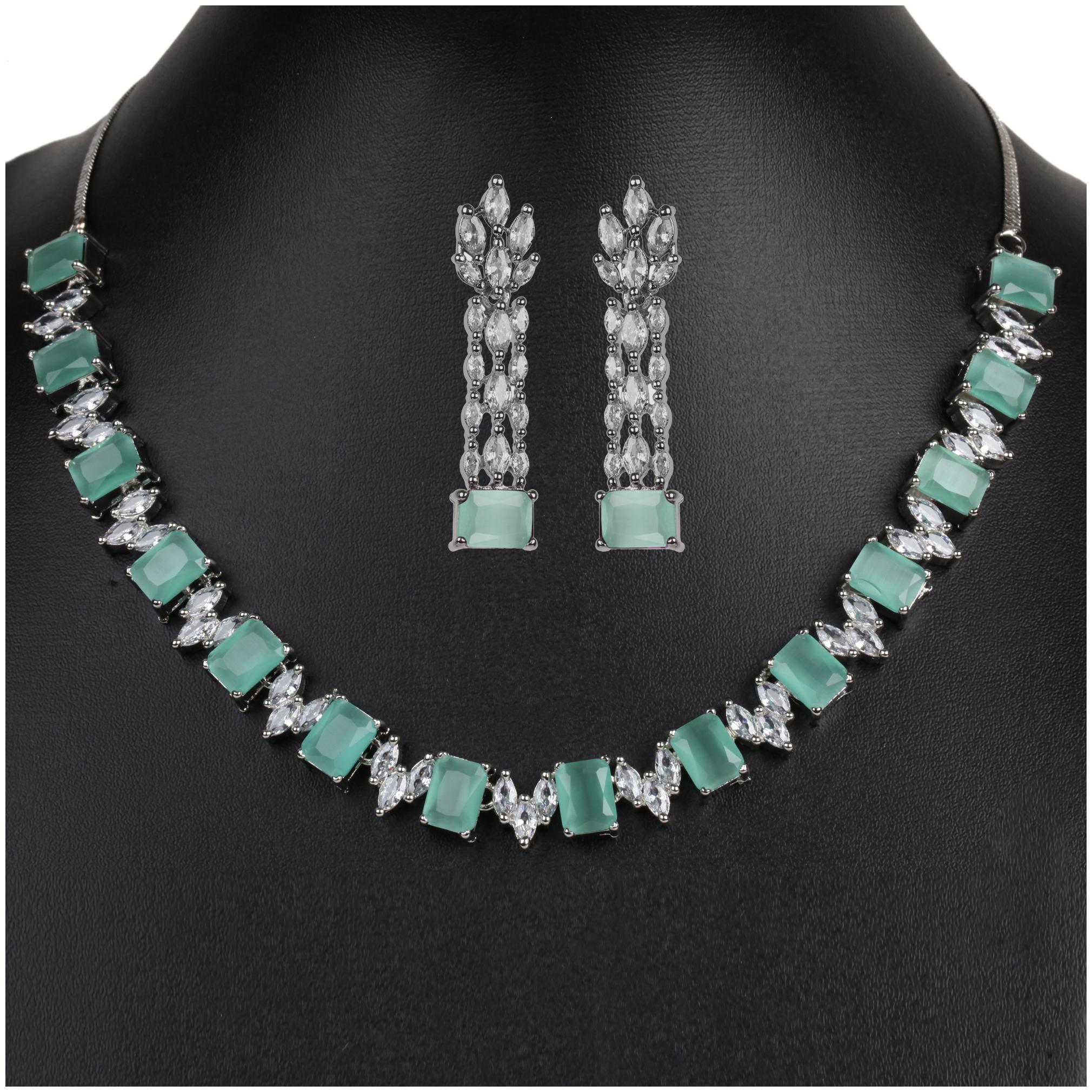 

Vfi American Diamond Precious Fancy Party Wear Necklace Set With Earrings 60550 Ad Mint N Silver