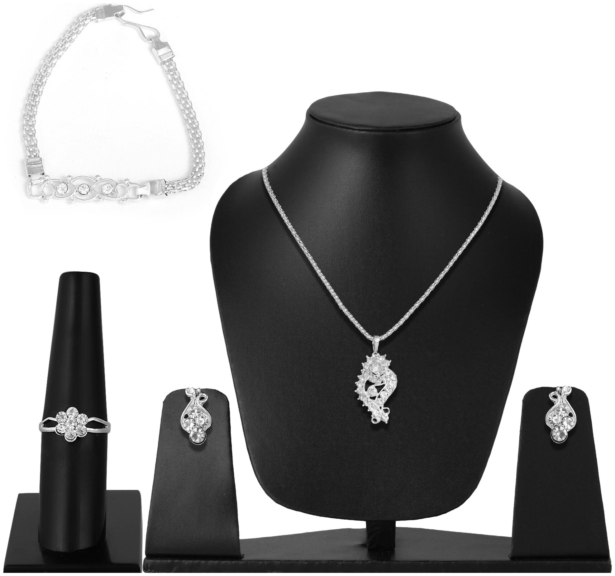 

VFI-UV-ADNS-1030 Alloy Silver Diamond Necklace Set with Earring Bracelet and Ring