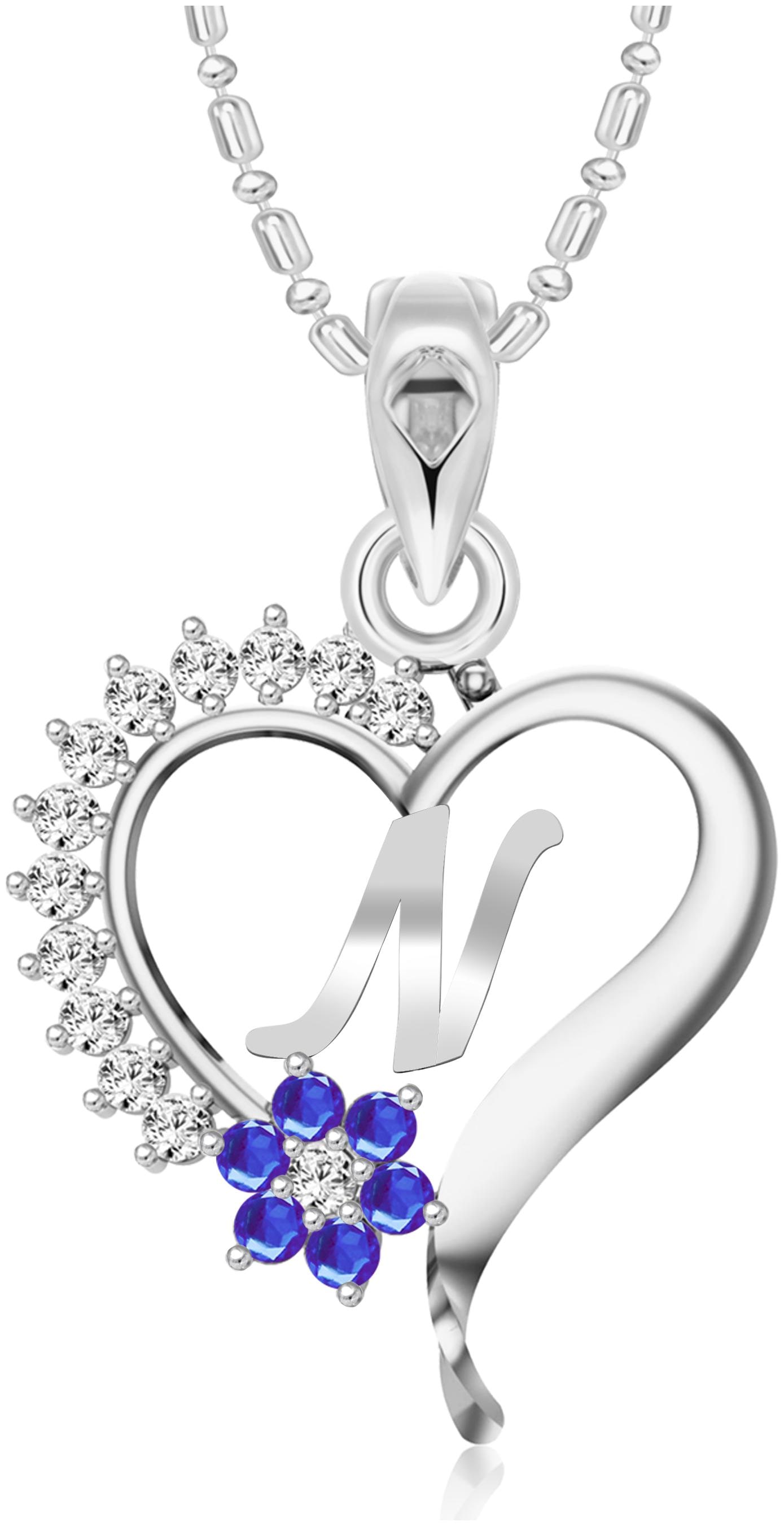 

VFJ Vighnaharta Valentine gift s Blue Flower Heart Initial Lettern Alphabet CZ Rhodium Plated Alloy Pendant For Women And Girls- VFJ1253PR