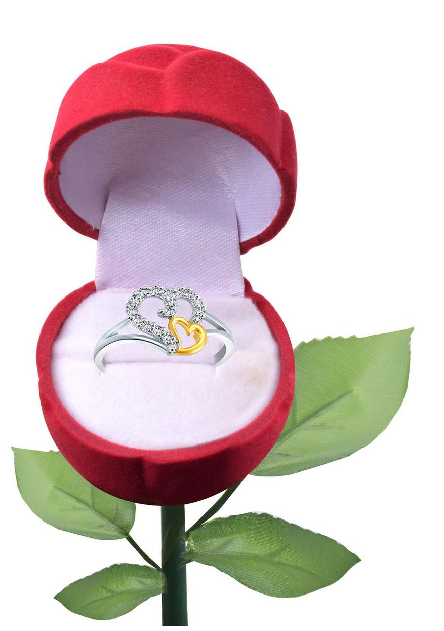 

Vighnaharta White Couple Heart CZ Rhodium Plated Alloy Ring for Girls and Women with Fancy Velvet Rose Ring Box