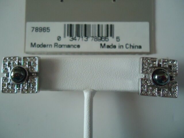 

Vintage MONET Modern Romance Silvertone Square Stud Earrings New Package