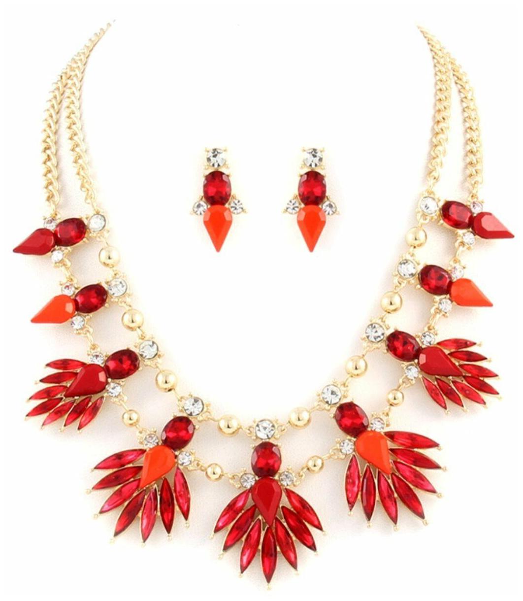 

Vintage Style Blood Red Clear Crystal Party Statement Bib Fashion Necklace Set