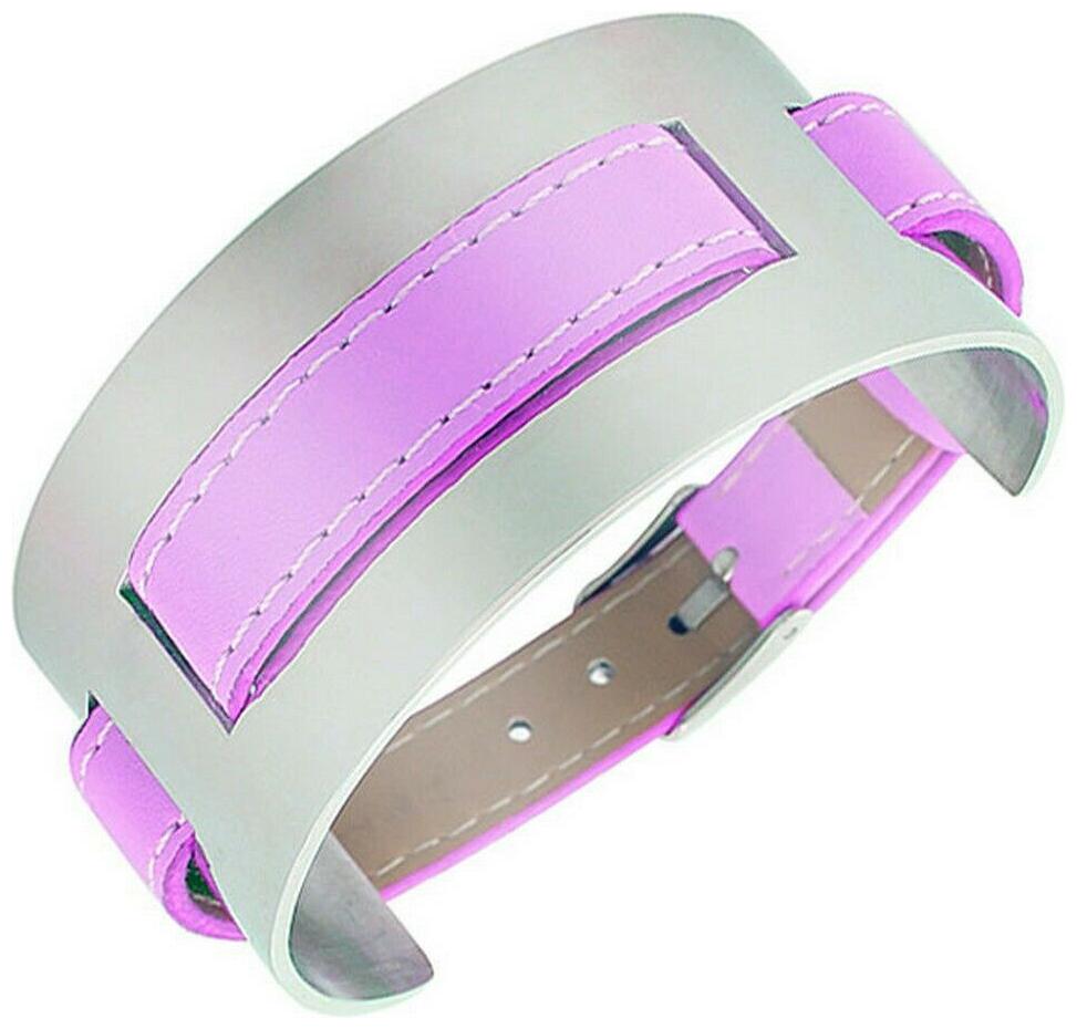 

Violet Purple Faux Leather Stainless Steel Silver-Tone Wristband Wrap Bracelet