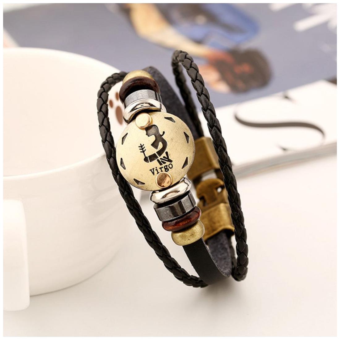 

Virgo Zodiac Fahshionforsure Black Leather Unisex Bracelet (J07)