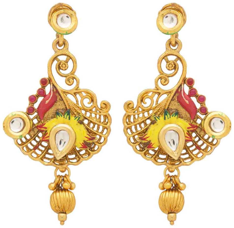 

Voylla Kundan Studded Red Yellow Enamel Designer Earrings For Women