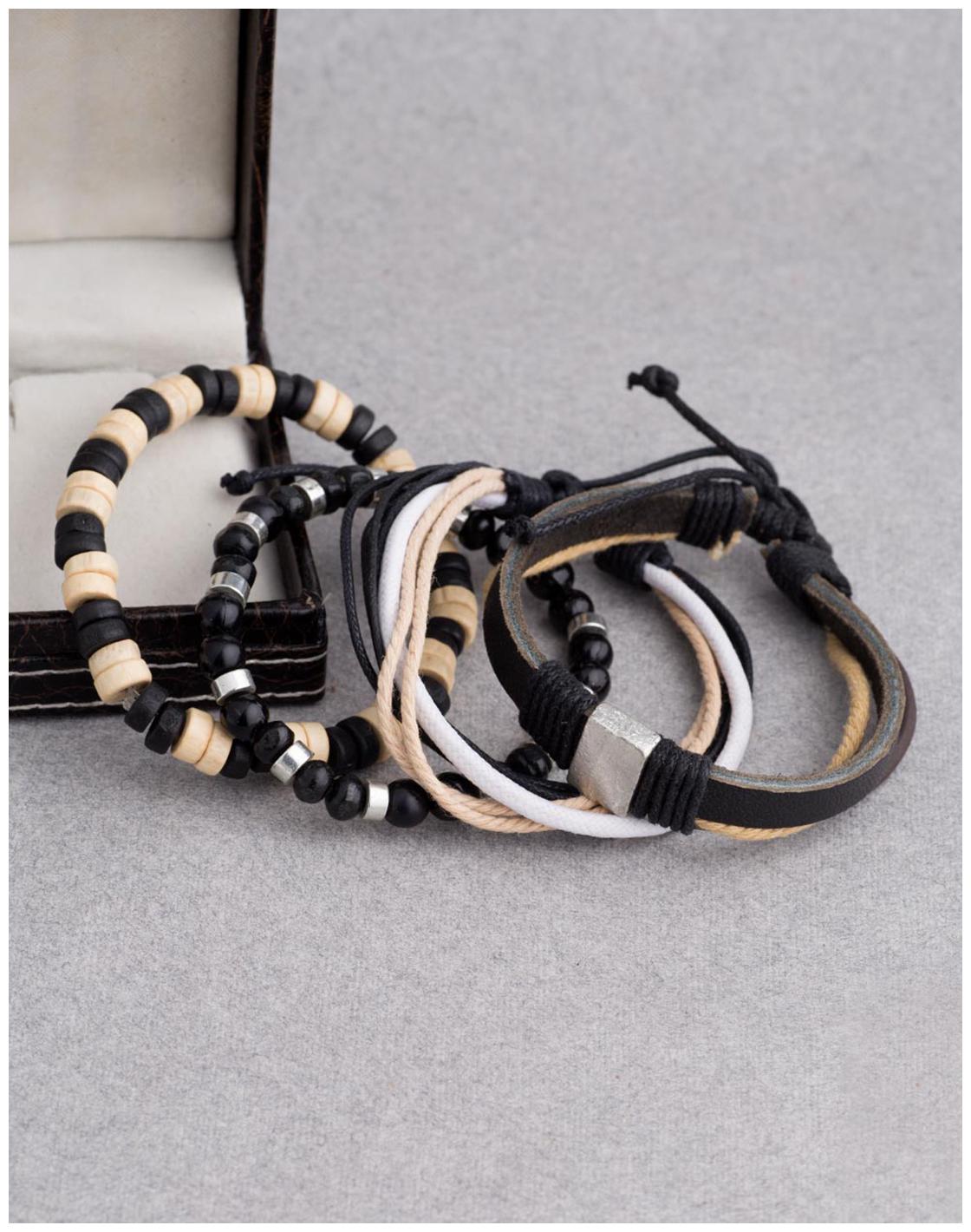 

Voylla Black White Leather and Beads Bracelet Set of 4
