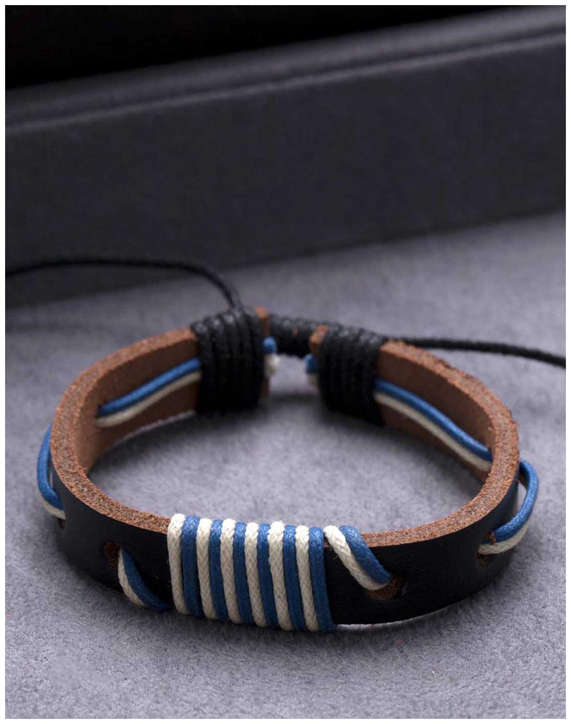 

Dare by Voylla Black Leather Blue Thread Cool Stacked Wrap Bracelet