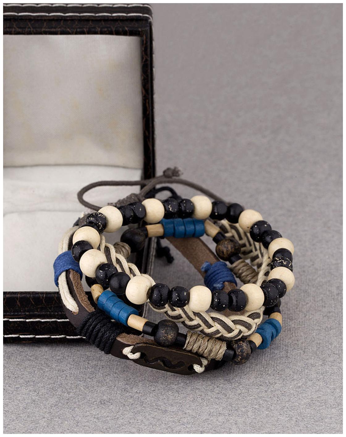 

Dare by Voylla Blue White Black Beads Leather and Braided Bracelet Set of 4