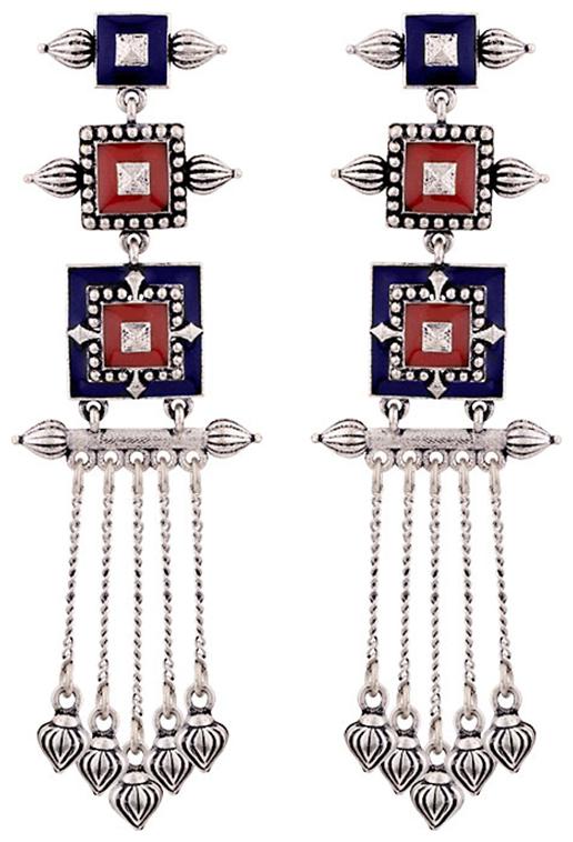 

Voylla Mandala Layered Sqaures Oxidised Enamelled Earrings