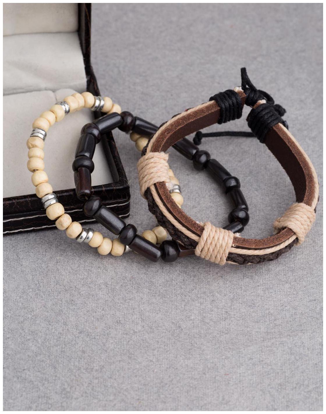 

Dare by Voylla Brown Leather and Beads Bracelet Set of 3