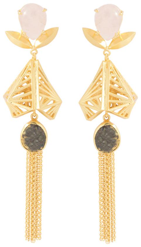 

Voylla Gold Toned Tasselled Danglers Adorned With Pink-Green Stones