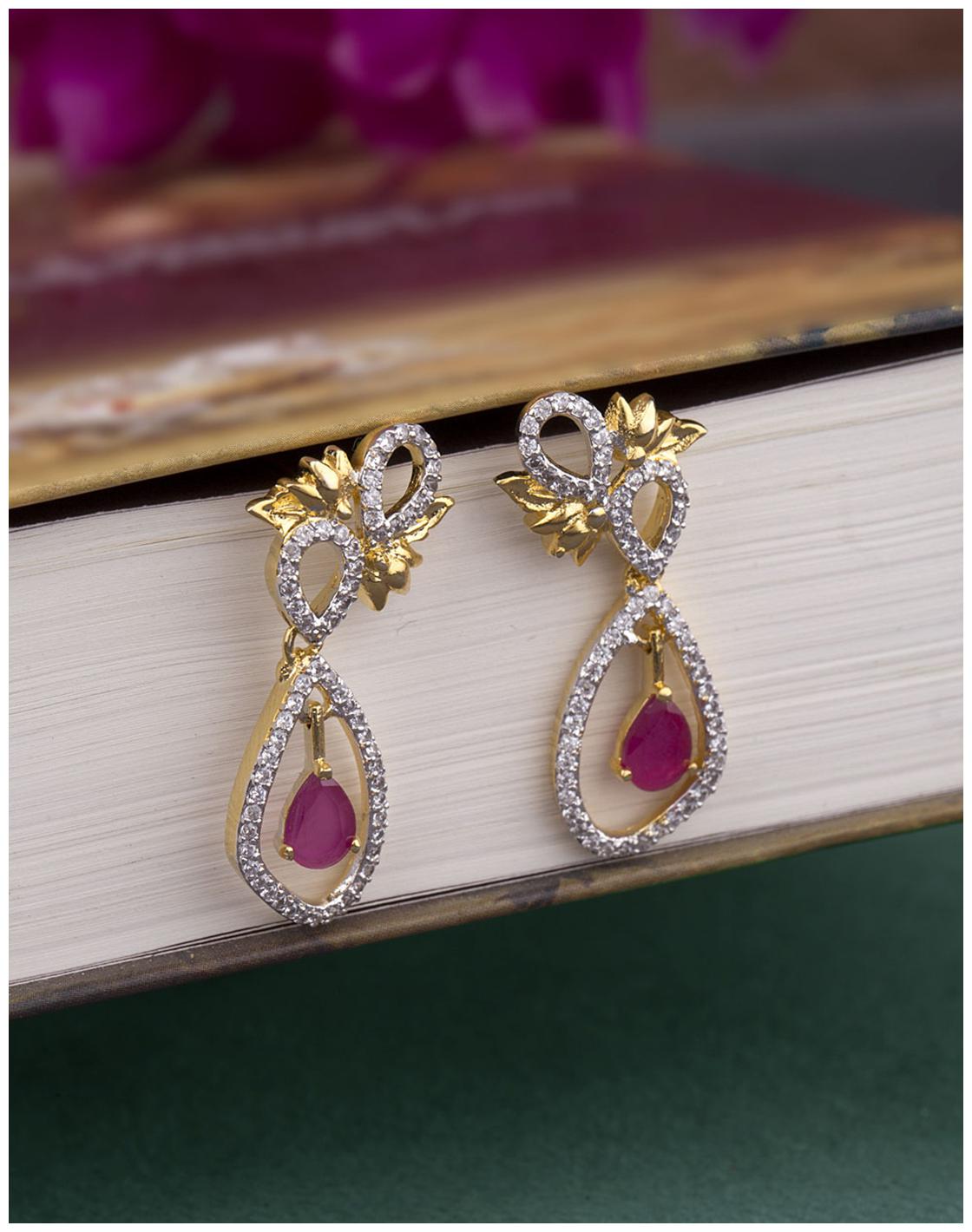 

Voylla Golden CZ Pink Drop Danglers
