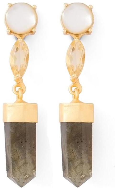 

Voylla Green-White Stones Adorned Gold Tone Dangler Earrings
