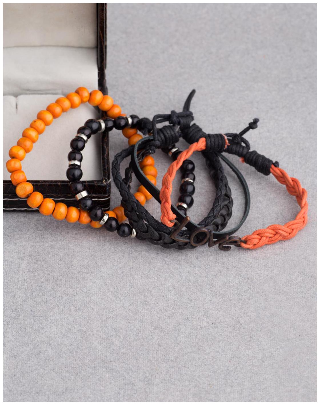 

Voylla Orange Black Beads and Leather Bracelet Set of 4