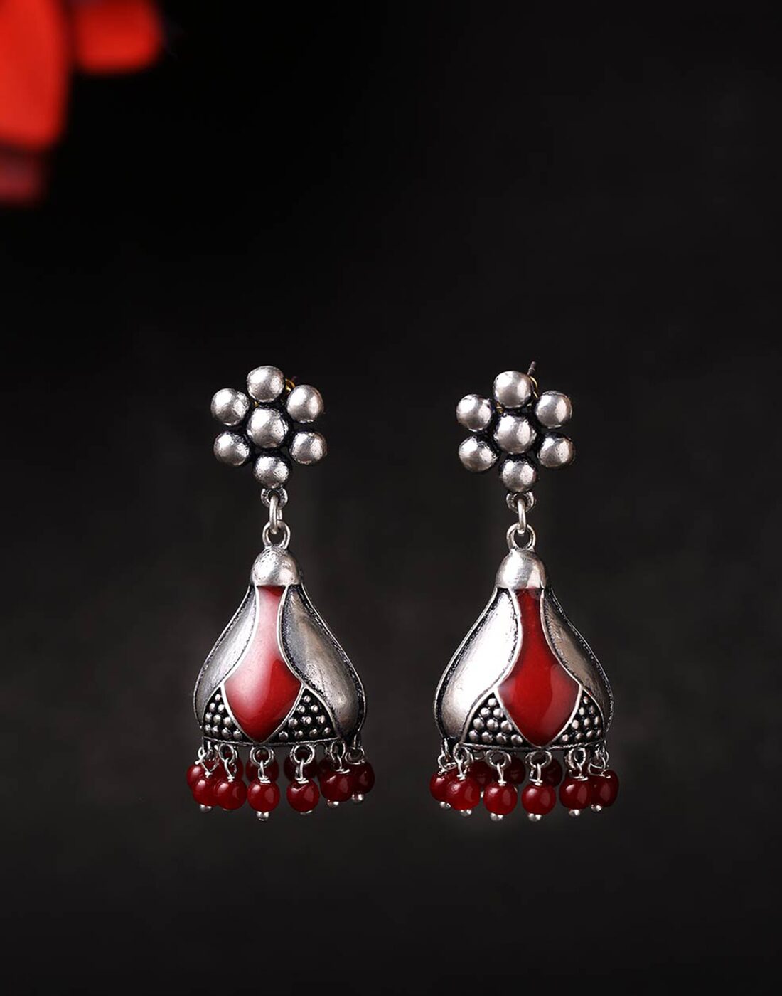 

Voylla Rangabati Maroon Embellishments Jhumka Earrings