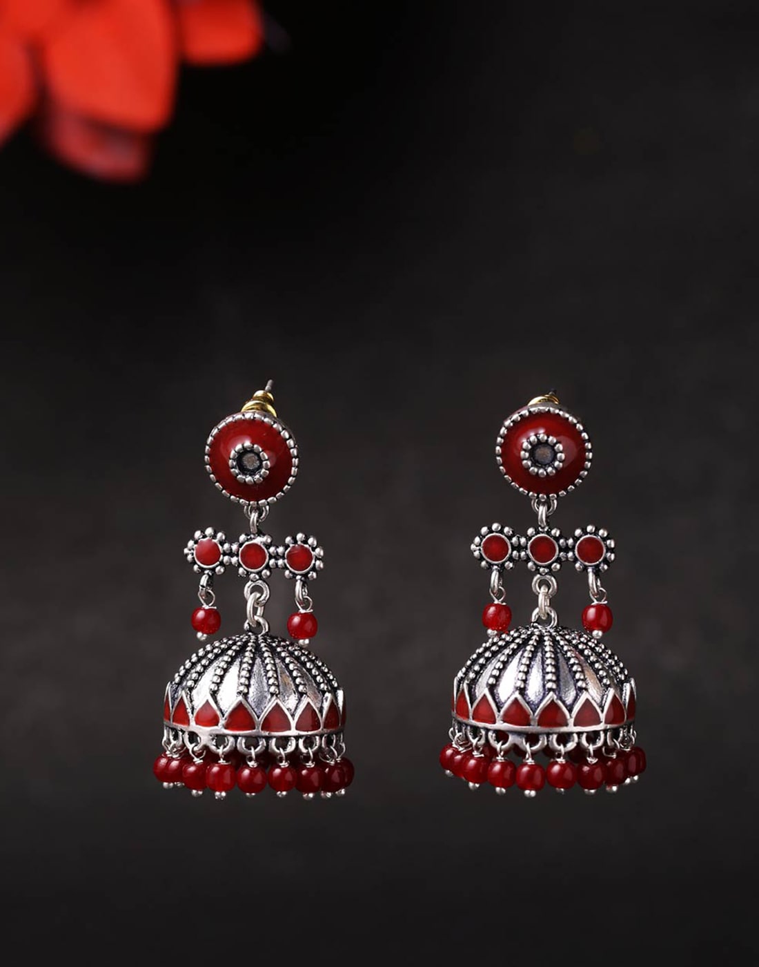 

Voylla Oxidised Rangabati Maroon Embellishments Earrings