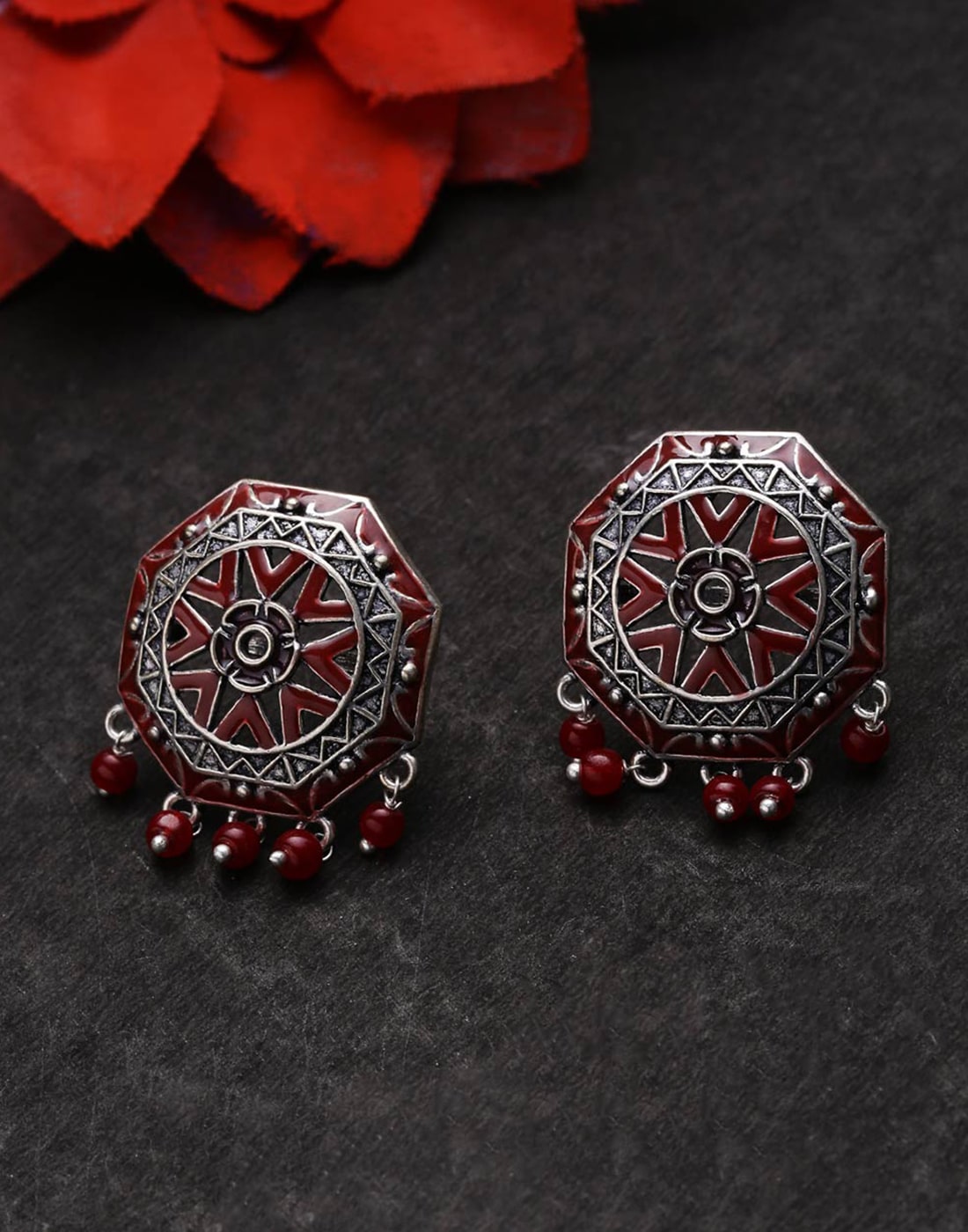 

Voylla Rangabati Oxidised Maroon Beads Disc Earrings