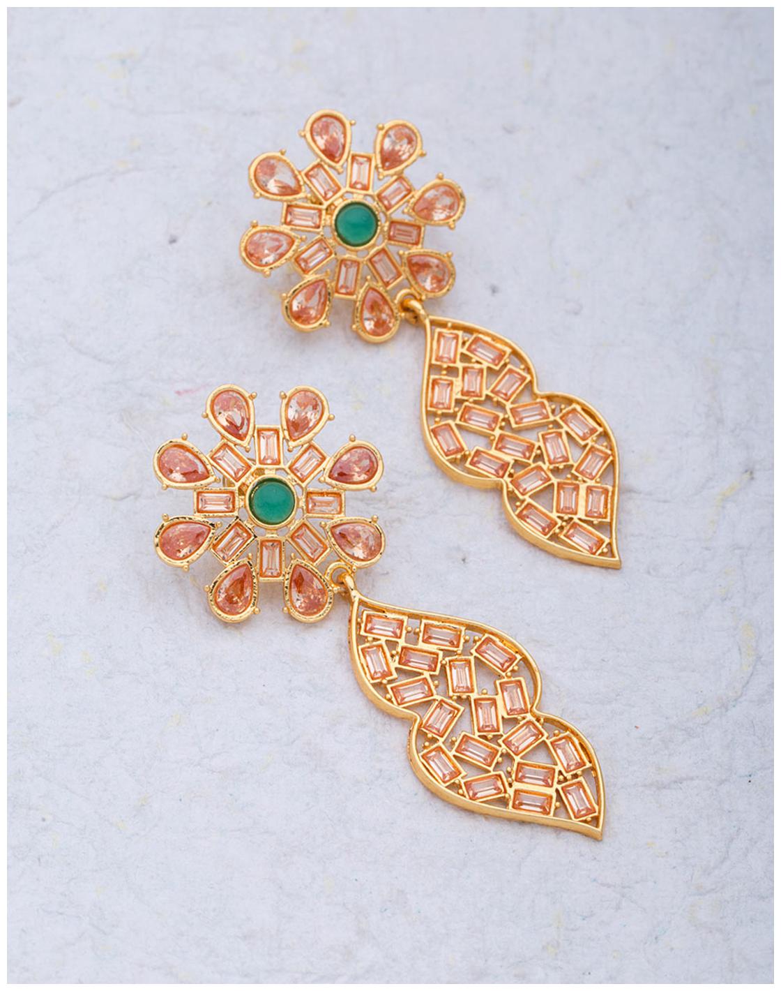 

Voylla Shiny Beige Green Stones Studded Dangler Earrings For Women