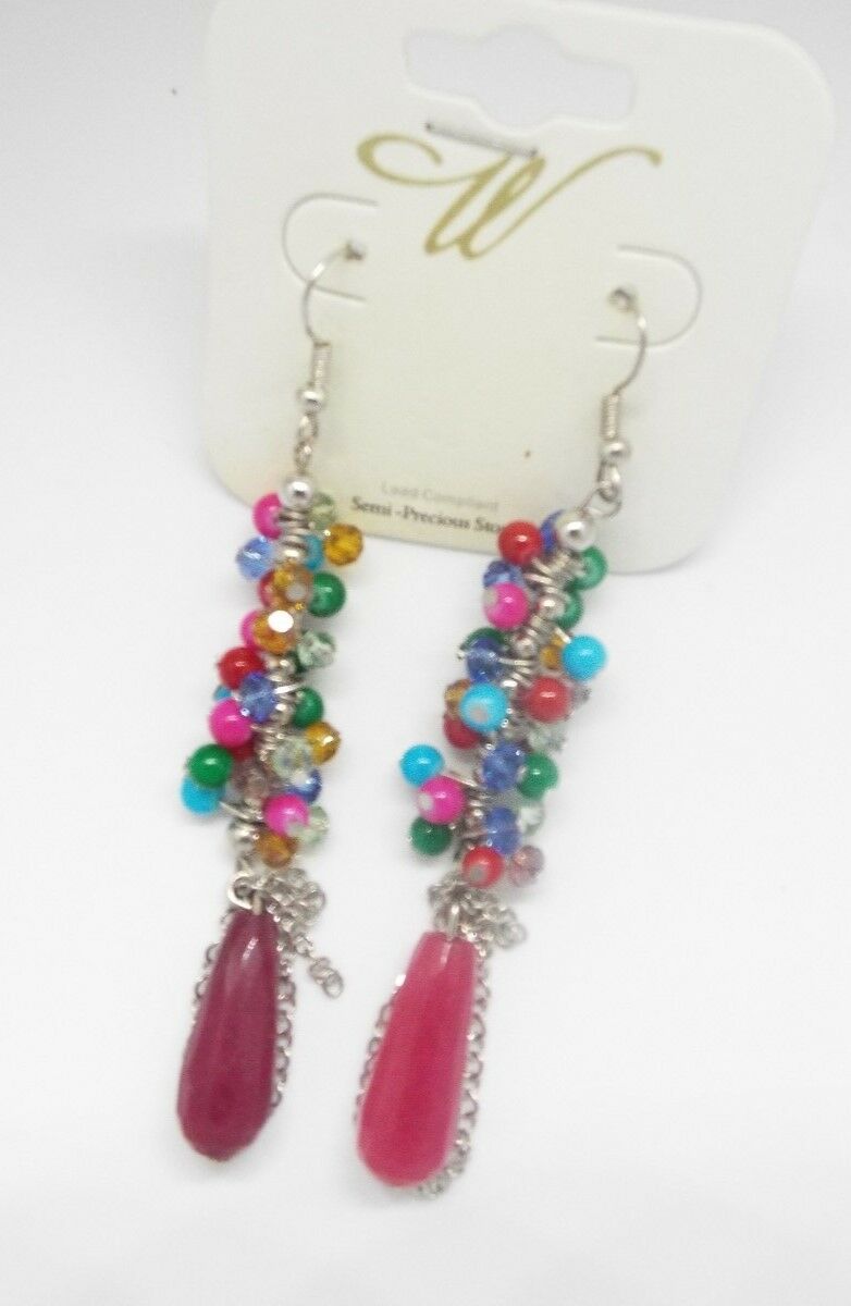 

W Brand SemiPrecious Multicolor Stones Dangle Drop Fashion Long Earring Womens