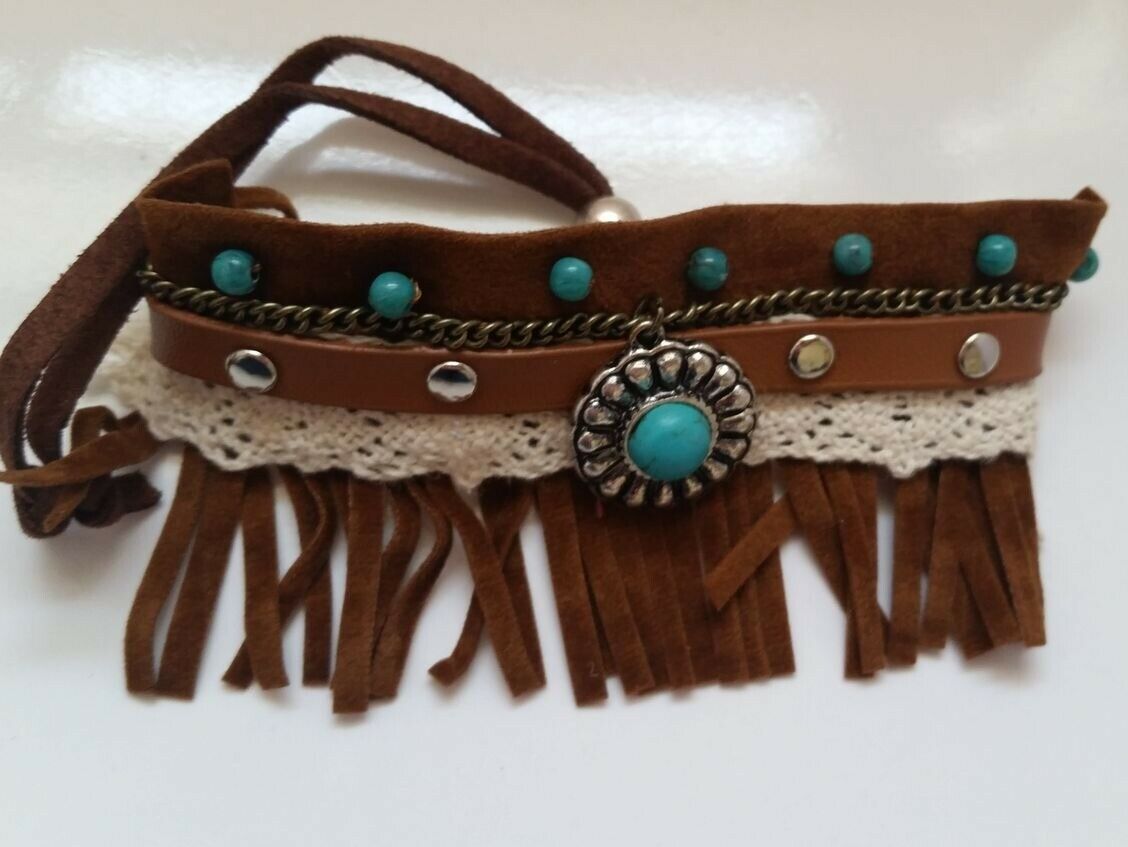 

Western Arm Suede Fringe BROWN Bracelet Silver Turquoise medallion N0-3 22