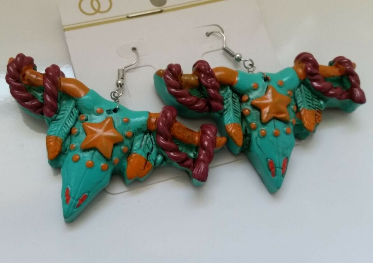 

Western Cowgirl Clay Longhorn Bull Head Turquoise Star Rope Earrings Z01-9 22