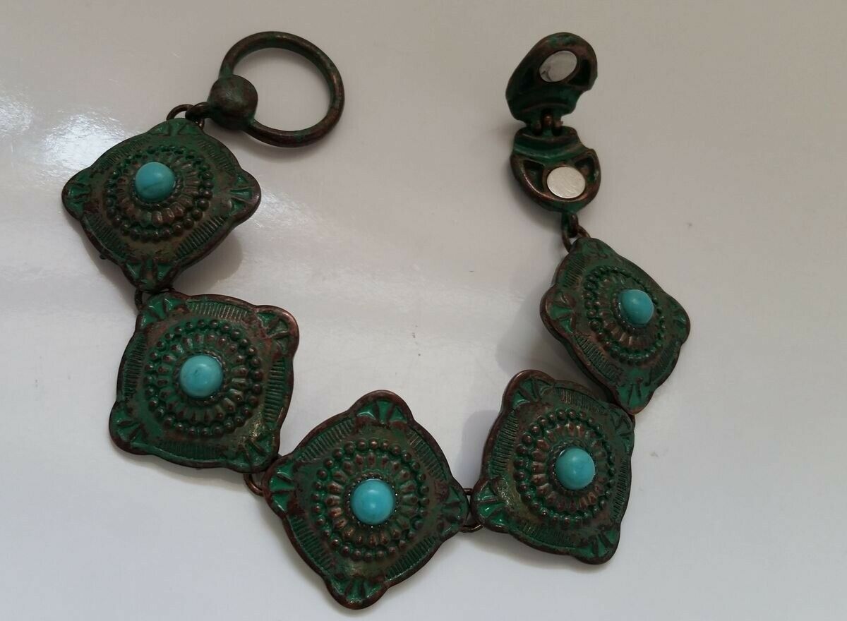 

Western Cowgirl Patina Turquoise Linked Rhombus Plates magnet Bracelet N24-5 22