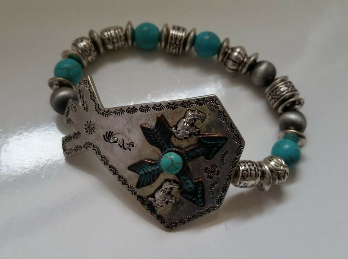 

Western Silver-tone beaded Stretch Bracelet Tepee Arrow Turquoise Bison N11-1 22