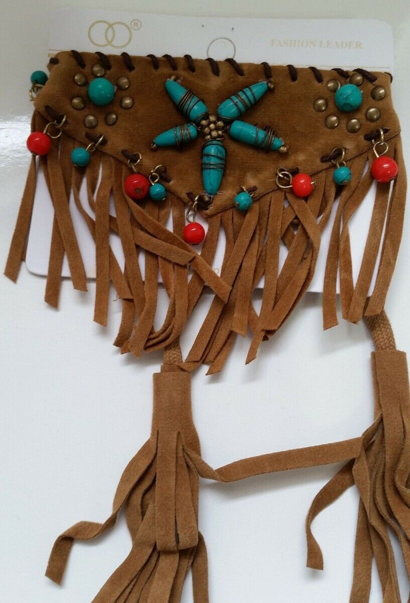 

Western style Upper Arm Fringe Faux Suede BROWN Bracelet Green Red beads y8-5 22