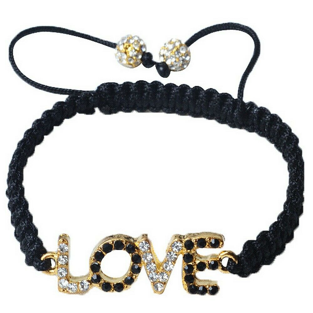 

White Black Crystals Yellow Gold Tone Adjustable Beaded Love Charm Bracelet