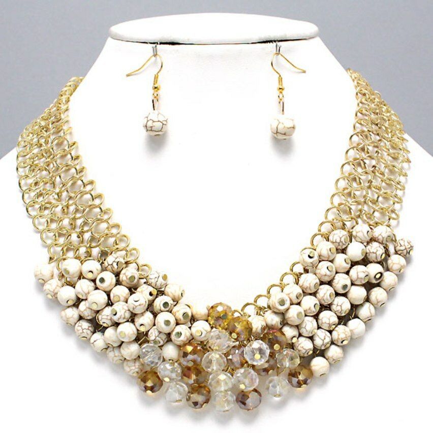 

White Brown AB Facet Beads Clusters Gold Tone Links Chains Necklace Set Fashion