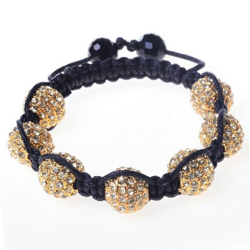 

White Crystals Yellow Gold Tone Macrame Beaded Ball Bracelet