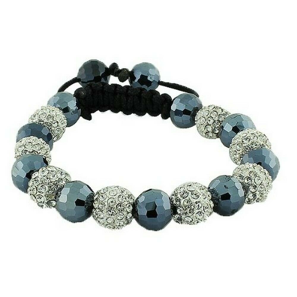 

White Crystals Black Cord Macrame Beaded Disco Ball Bracelet