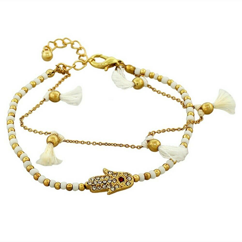 

White Gold Crystals CZ Hamsa Evil Eye Adjustable Beaded Bangle Bracelet