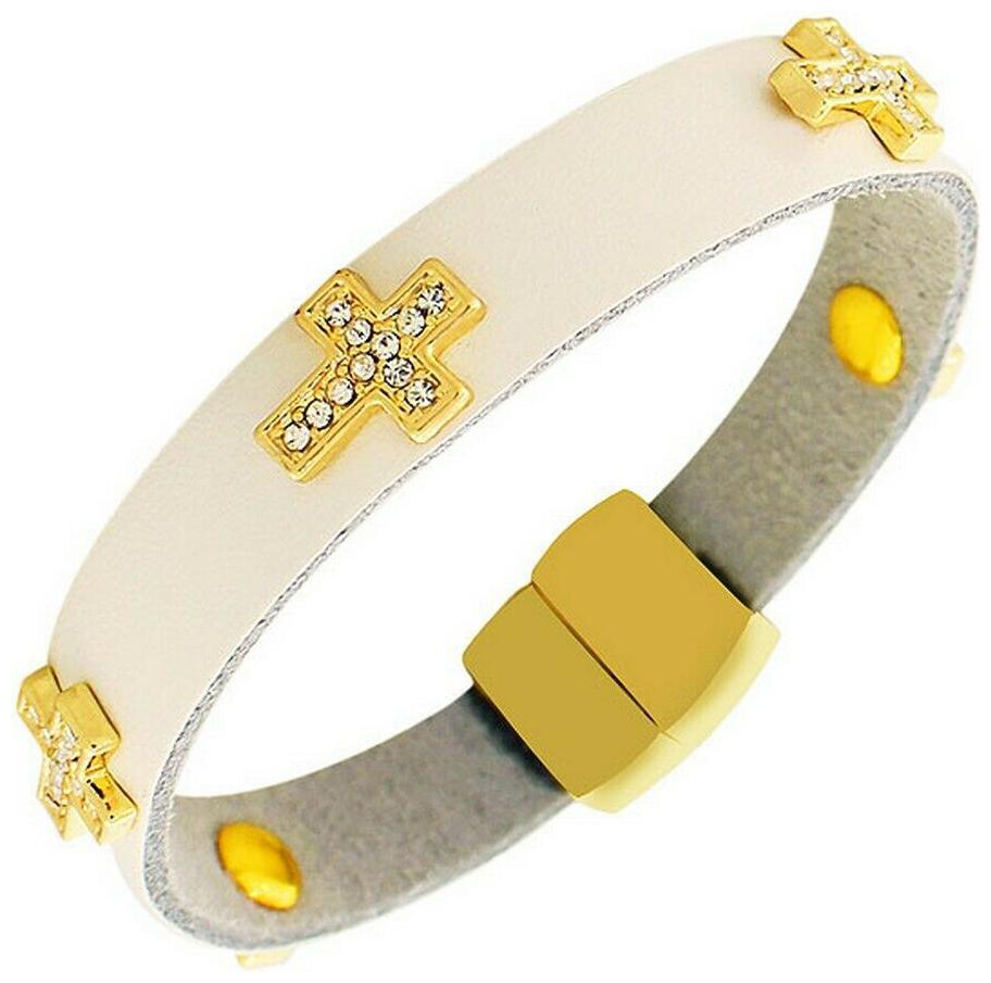 

White Leather Yellow Gold Crystals CZ Cross Religious Wristband Wrap Bracelet