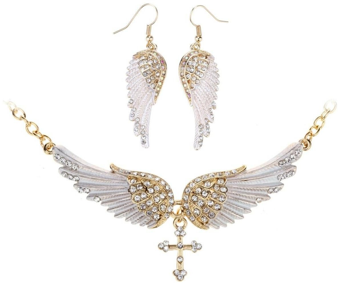 

Wing cross necklace chocker earrings sets jewelry gifts women QNC01 gold silver