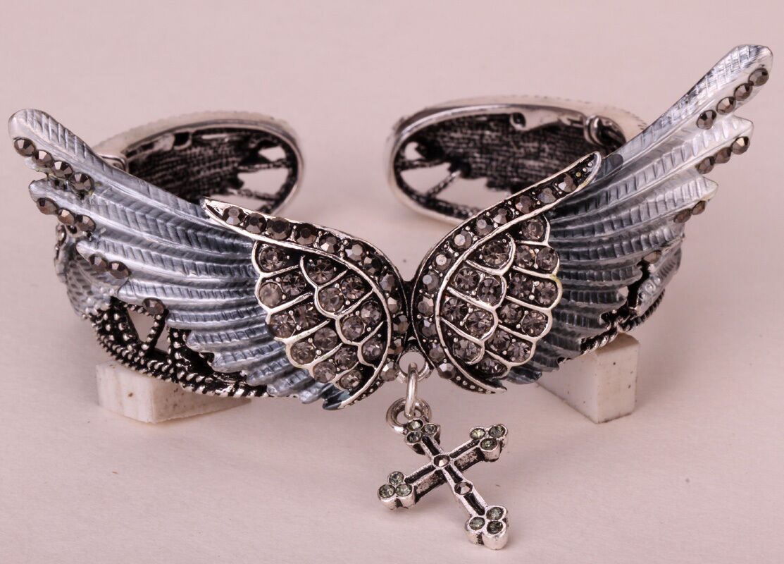 

Wings cross stretch bangle bracelet women fit wrist size 6-3 4 to 8 inch D02