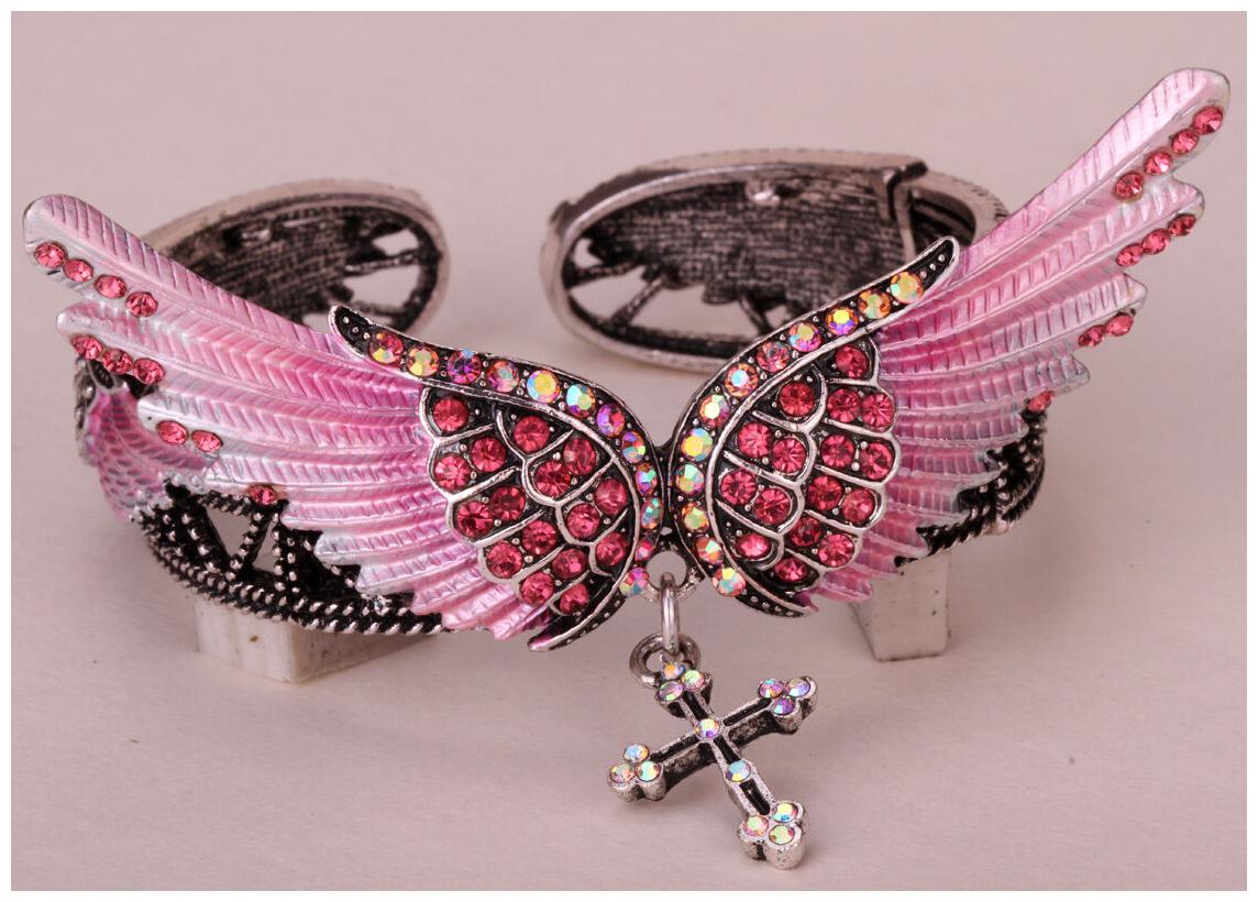 

Wings cross stretch bangle bracelet women fit wrist size 6-3 4 to 8 inch D02