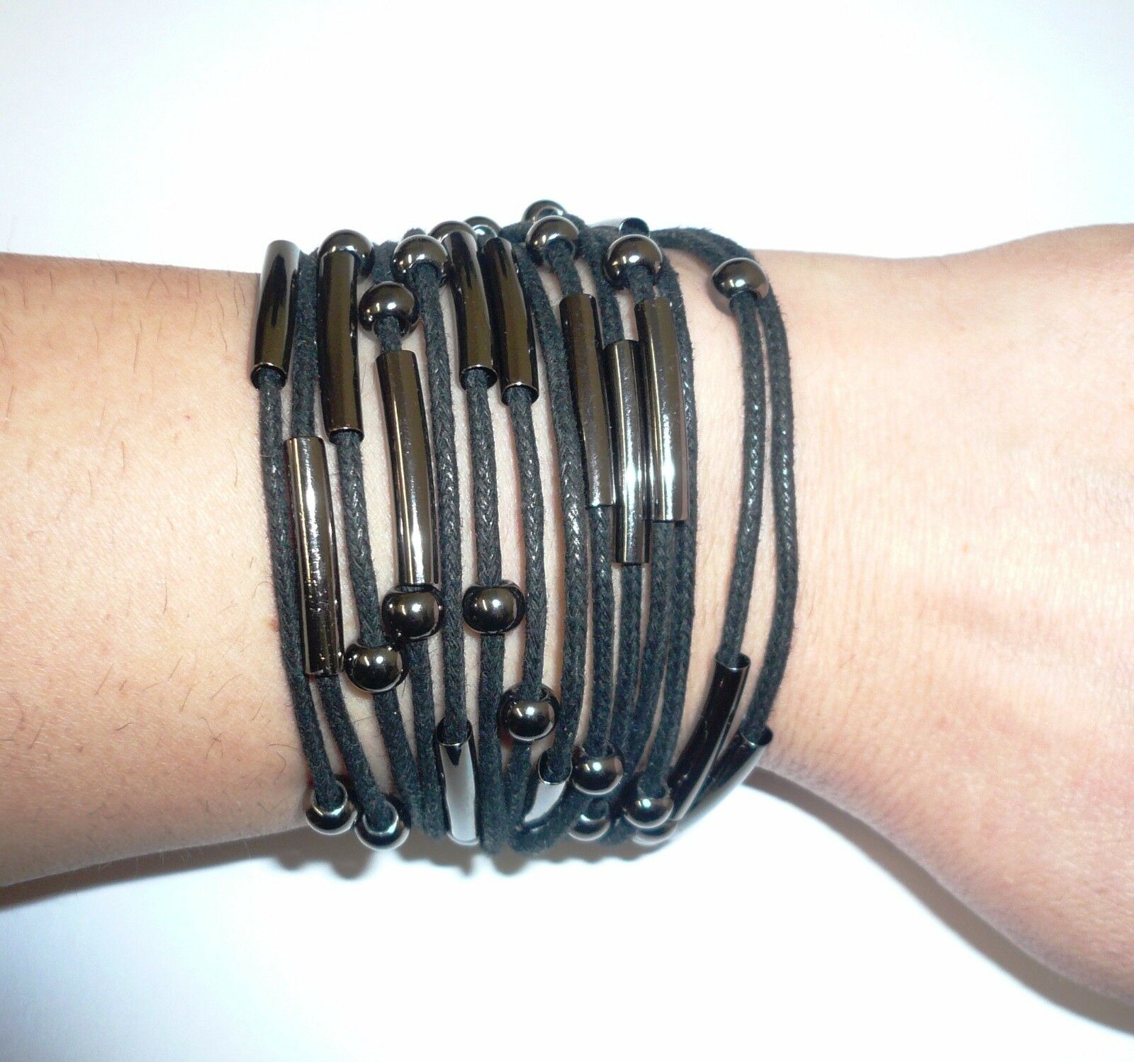 

Women Gothic Punk Black Beaded Leather Metal Charm Bracelet Fast U S A shipping