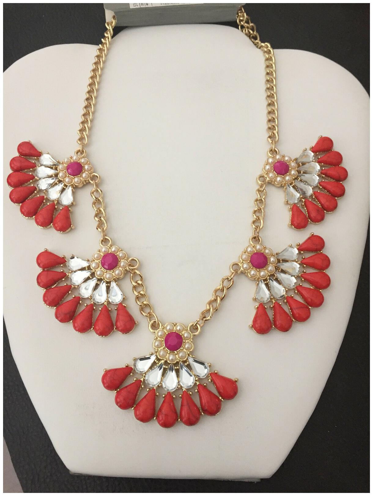 

WOMEN S Bib Fashion Necklace w Acrylic Stones Orange Coral Pearl fan collar
