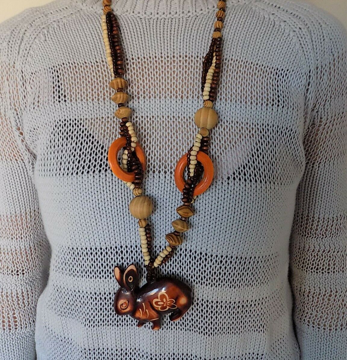 

Women s Cute Rabbit Fetish Multi-Shape Color Artistic Wood Beads Necklace