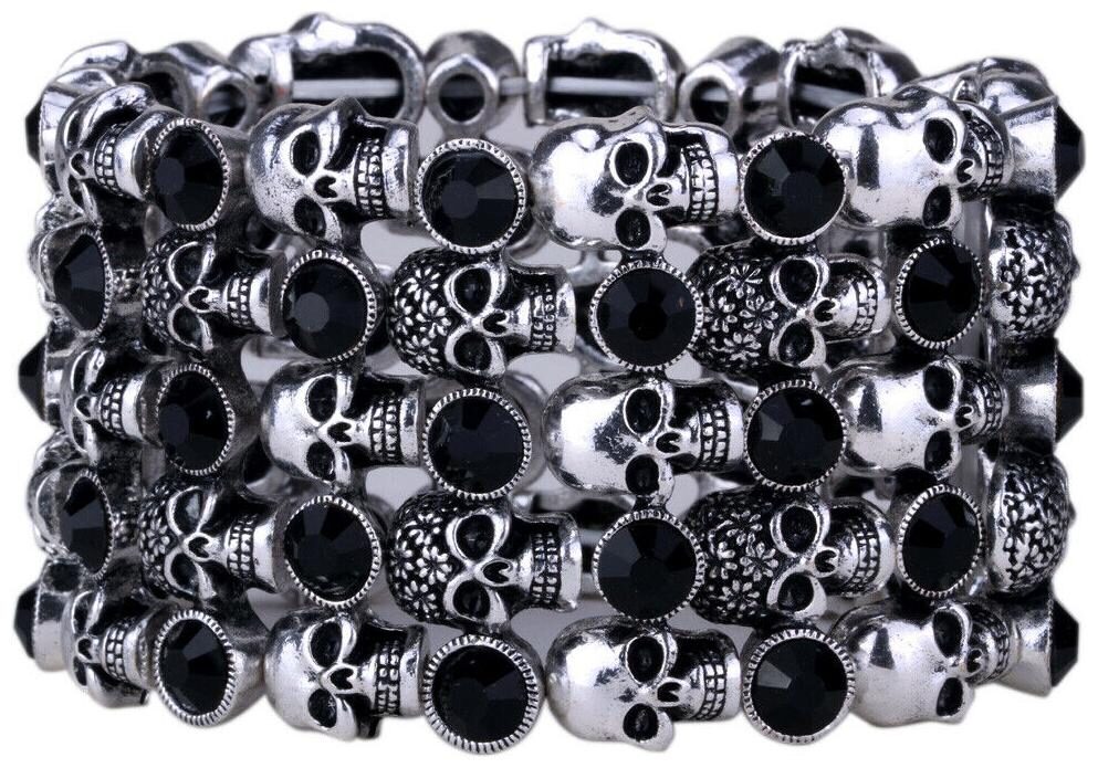 

Women Skull Stretch Cuff Bracelets Fit Wrist Size 6 5 to 8 Inch Biker Jewelry